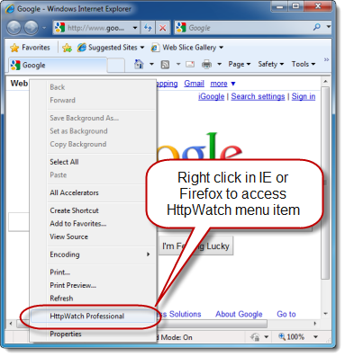 Right click in the web page and select the HttpWatch menu item: